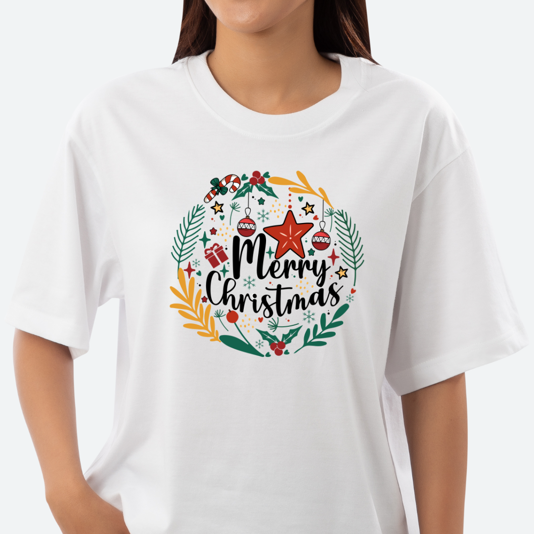 Merry Christmas wreath shirt
Holiday wreath T-shirt
Festive Christmas graphic tee
Christmas decorations shirt
Holiday season T-shirt