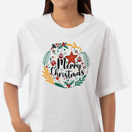Merry Christmas wreath shirt
Holiday wreath T-shirt
Festive Christmas graphic tee
Christmas decorations shirt
Holiday season T-shirt